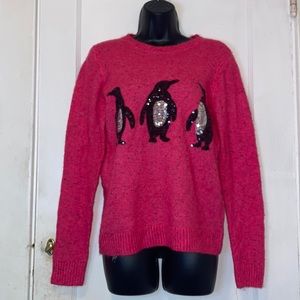 New Karen Scott Pink Whimsy Penguin Rhinestone Embellished Crew Neck Sweater XS